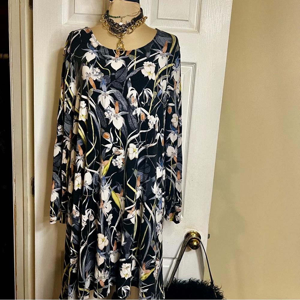 Floral Drape Rayon Long Sleeve‎ Stretch Mini 90s Style Grunge Babydoll Dress XL - Picture 2 of 14